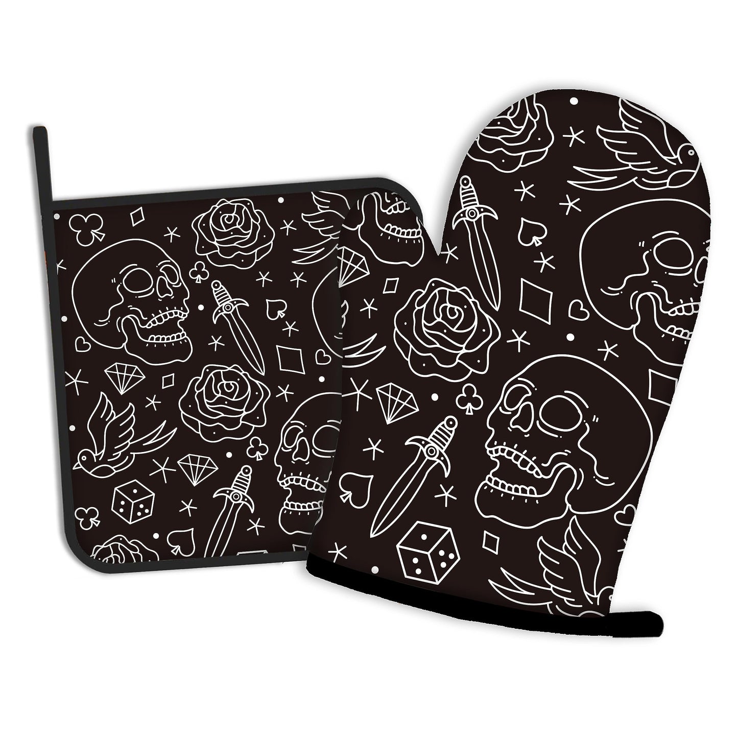 Skull Head with Rose Oven Mitts and Pot Holders Kitchen Cooking Gloves 2 Pcs Set Heat Resistant Pad for Baking BBQ Home Decor