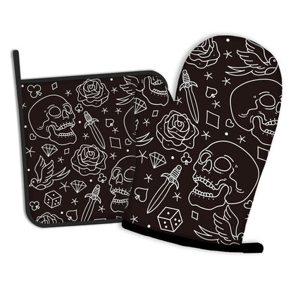 Skull Head with Rose Oven Mitts and Pot Holders Kitchen Cooking Gloves 2 Pcs Set Heat Resistant Pad for Baking BBQ Home Decor
