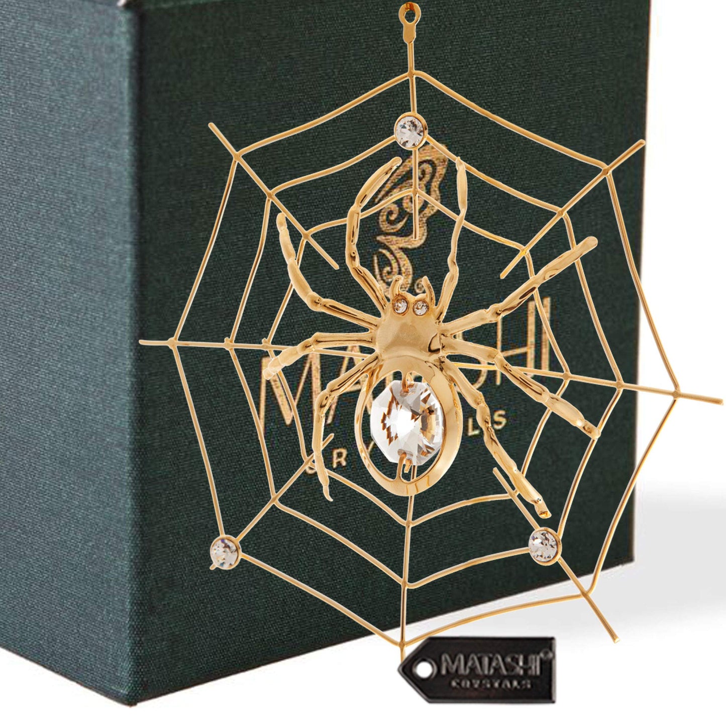 Matashi Christmas Decorations Spider On Web Ornament 24K Gold Plated Crystal Studded - Miracle Tinsel Legend Story,Tree Décor, Perfect for Christmas Gifts, Holiday Gifting, Seasonal Home Accents