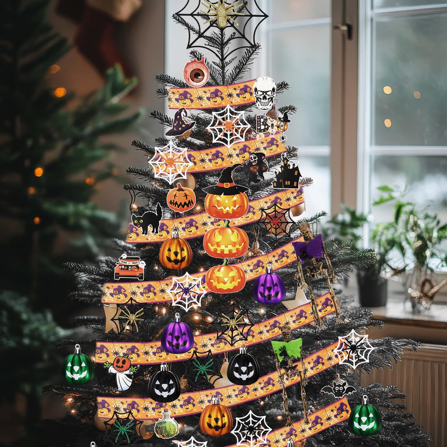 Halfchet 43 Pcs Halloween Hanging Tree Ornaments Decorations Spider Web Pumpkin Skull Bat Cat Eyeball Hanging Ornaments with Ribbon Pumpkin Toppers for Halloween Fall Party