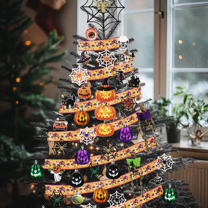 Halfchet 43 Pcs Halloween Hanging Tree Ornaments Decorations Spider Web Pumpkin Skull Bat Cat Eyeball Hanging Ornaments with Ribbon Pumpkin Toppers for Halloween Fall Party