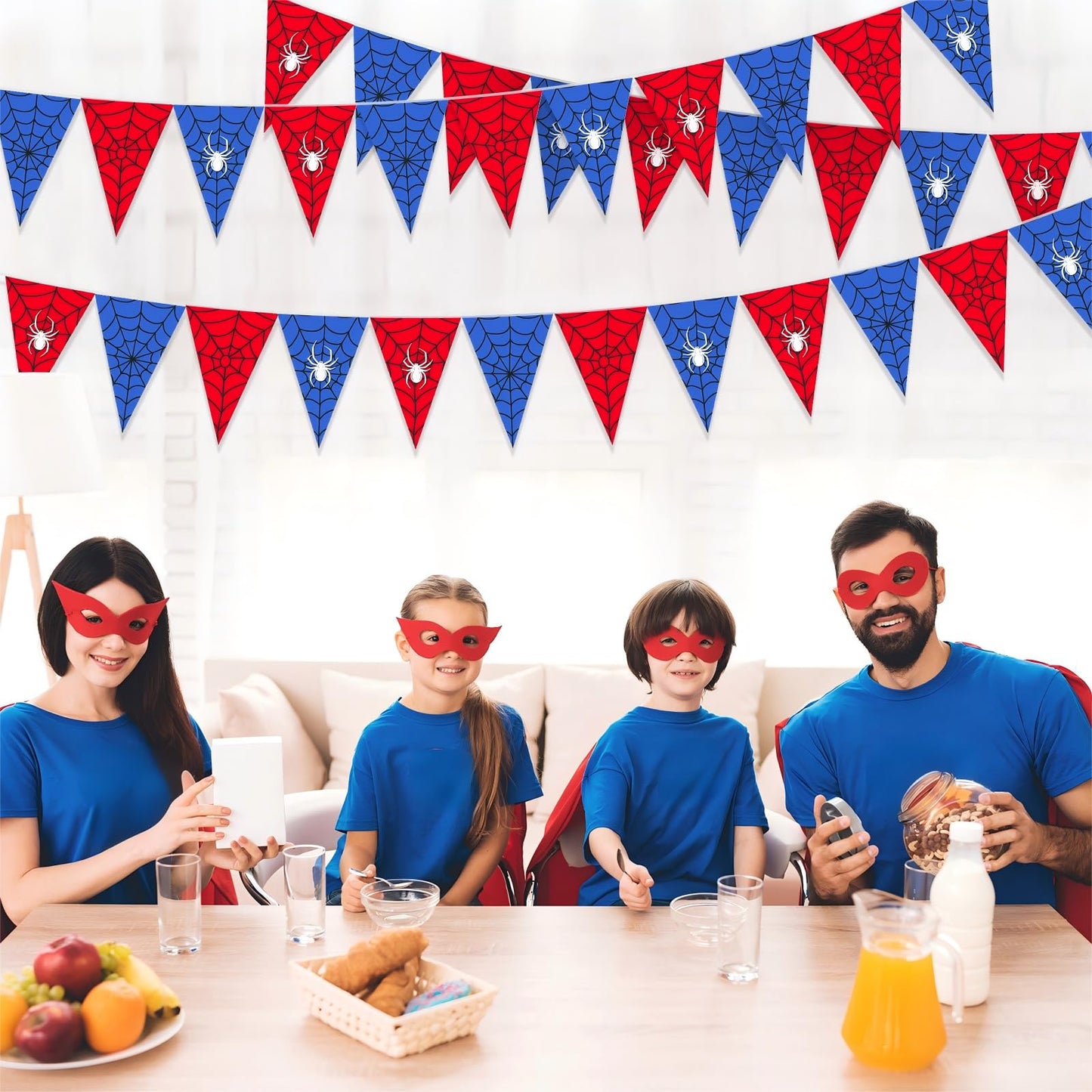 Tiamon 5 Pcs Spider Web Birthday Party Decorations Spider Theme Birthday Triangle 49.2 ft Flag Red Black Blue Pennant Banner Garland Streamer for Baby Shower Cartoon Movie Party Supply