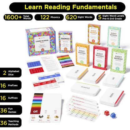 Award-Winning Learn to Read Flash Card Bundle – 1600+ Words: Sight Words, Phonics, Prefixes & Suffixes – 36 Games, 36 Tips, 2 Dice – Pre-K to 3rd Grade