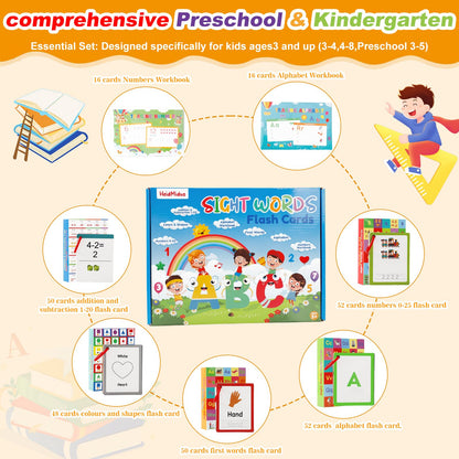 Alphabet ABC,Addition and Subtraction,Number,First Words,Shapes,Color Flash Cards 7 Set,568 Words Double-Sided Kindergarten Preschool Educational Pre k Flash Cards,Toddler FlashCards for Kids Ages 3+