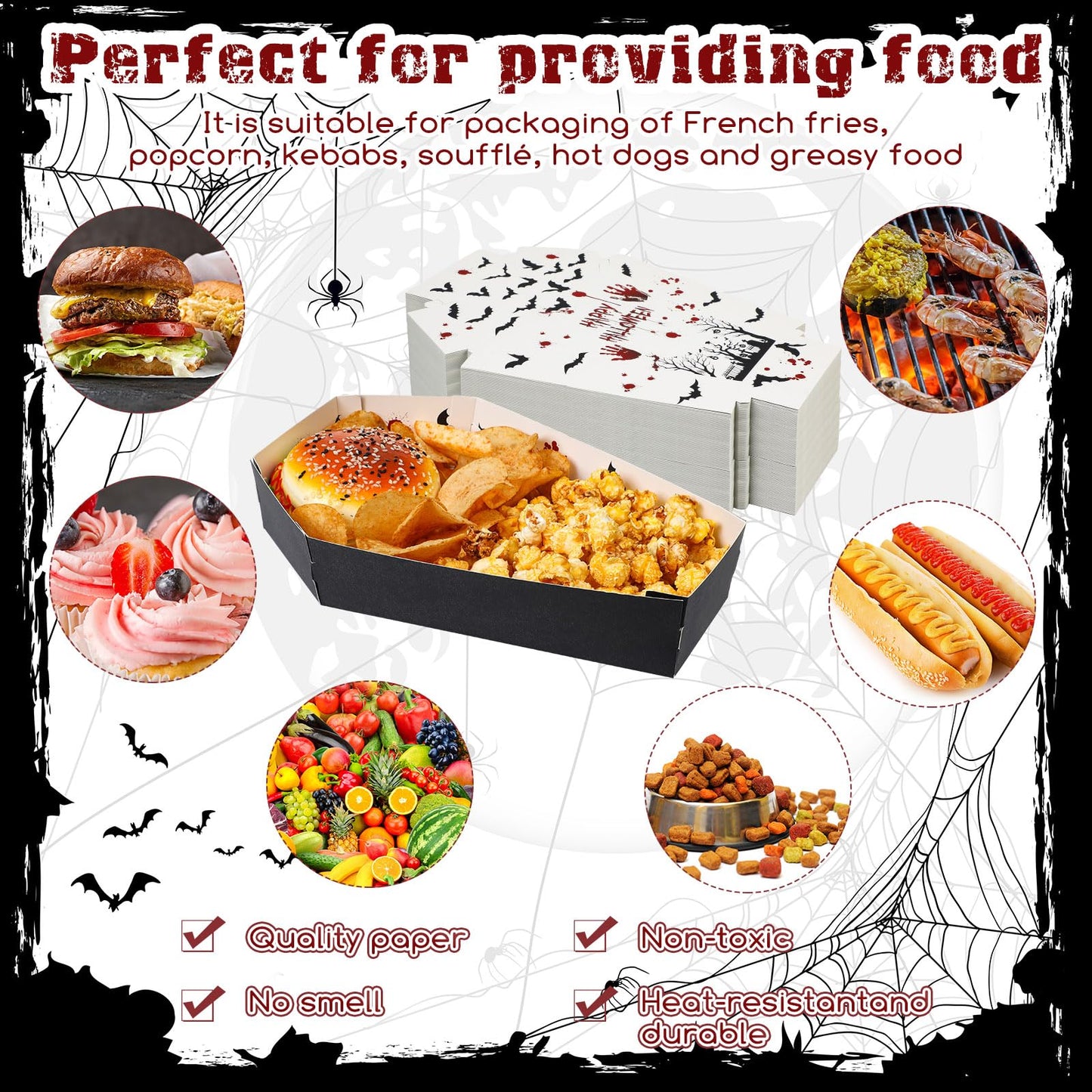 Mumufy 36 Pieces Summer Halloween Paper Tray Disposable Coffin Bowl for Treat Candy Snack Spooky Goth Food Holder Trays for Halloween Party Supplies 10.24 x 6.3 x 1.9 Inches