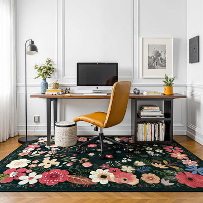 Vasofe 3x5 Rug for Bedroom,Washable Rugs for Living Room, Entryway, Indoor Floor Mat, Small Floral Mats for Nrusery, Farmhouse, Laundry Room, Playroom, Office, Non Slip Low Pile Soft Carpet, Black