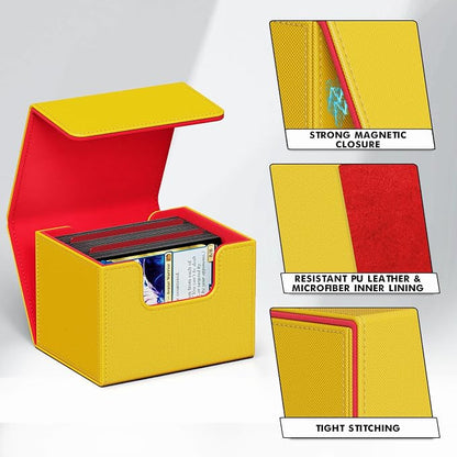 ZLCA Card Deck Box for Trading Cards, MTG Commander Deck Box Holds 120+ Single Sleeved Cards, Leather Magnetic Card Storage Box Fits for TCG CCG Magic Cards (Yellow&Red)