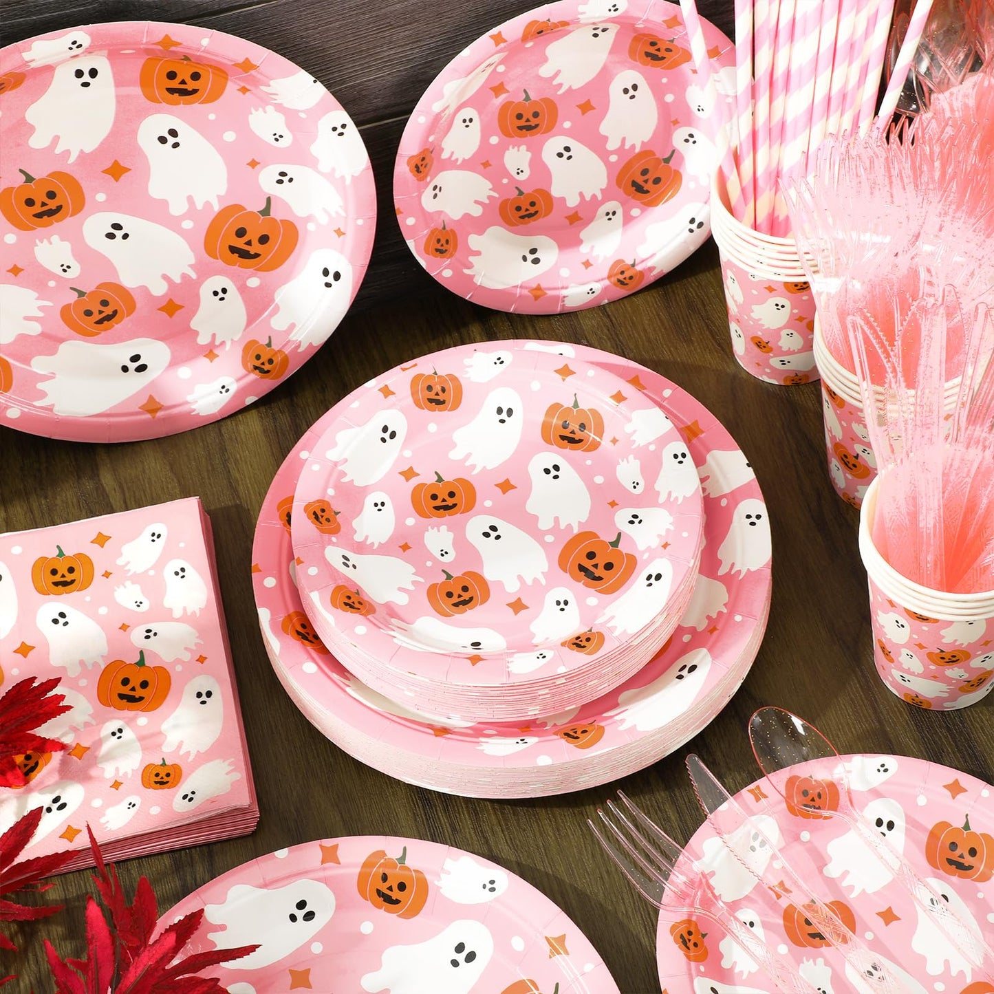 JarThenaAMCS Halloween Tableware Sets Serves 25 Guests Pink Ghost Pumpkin Plates Napkins Cups Fork Knife Spoon Straw Tablecloth Disposable Dinnerware for Birthday Baby Shower Party Supplies