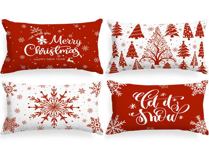 Lanpn Christmas Lumbar Throw Pillow Covers 12x22 Set of 4, Merry Christmas Winter Xmas Snowflake Decorative Holiday Cushion Pillow Cases 12 x 22 for Indoor Farmhouse Home Room Couch Decor (Red)