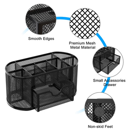 EasyPAG Mesh Pen Holder Desk Organizer with Drawer Stationery Supplies Organizer for Dorm School 9 Compartments Workspace Desk Accessories Organization for Office, Black