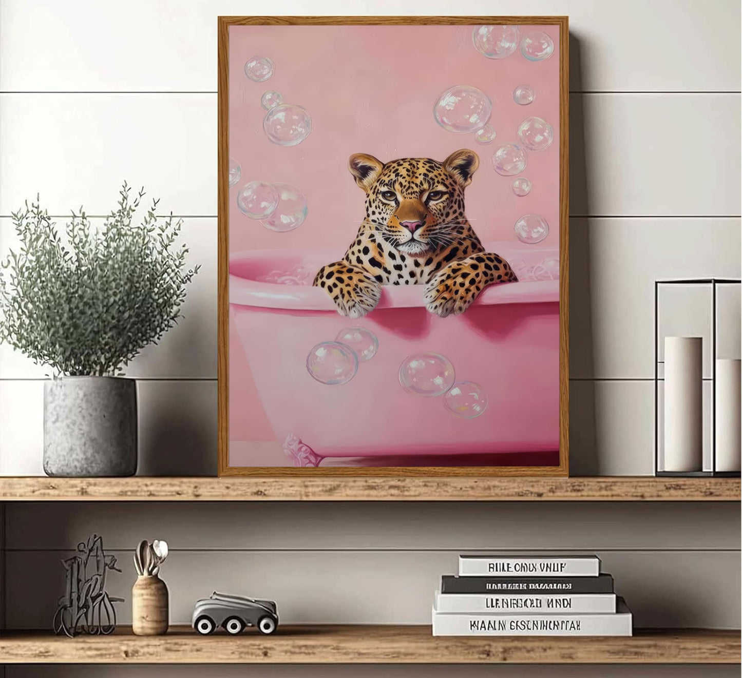Framed Cheetah Bathroom Wall Art Pink Leopard in Bathtub Canvas Poster Funny Leopard Bathroom Print Maximalist Art Painting Trendy Bath bubbles Wall Decor Ready To Hang