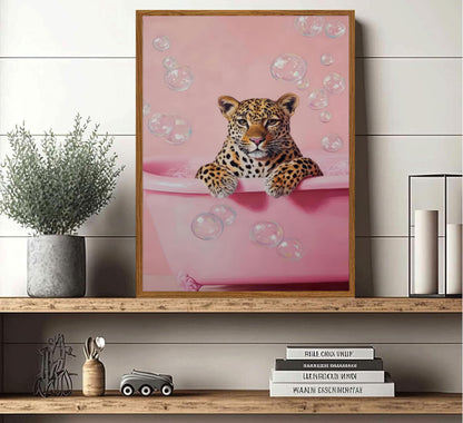 Framed Cheetah Bathroom Wall Art Pink Leopard in Bathtub Canvas Poster Funny Leopard Bathroom Print Maximalist Art Painting Trendy Bath bubbles Wall Decor Ready To Hang