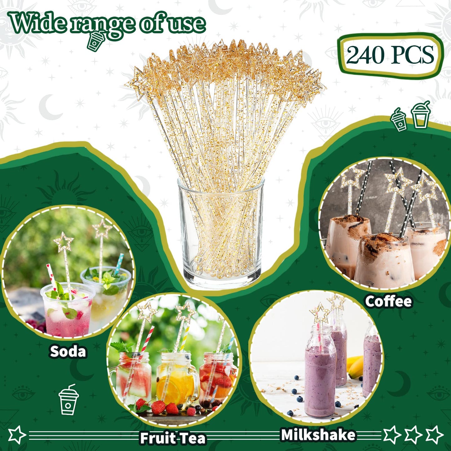 Zubebe 240 Pcs Cocktail Swizzle Sticks Plastic Drink Stirrers Glitter Star Top Stir Disposable Cocktail Coffee Drink Sticks Crystal Cake Pops, 7.28 Inch(Gold)