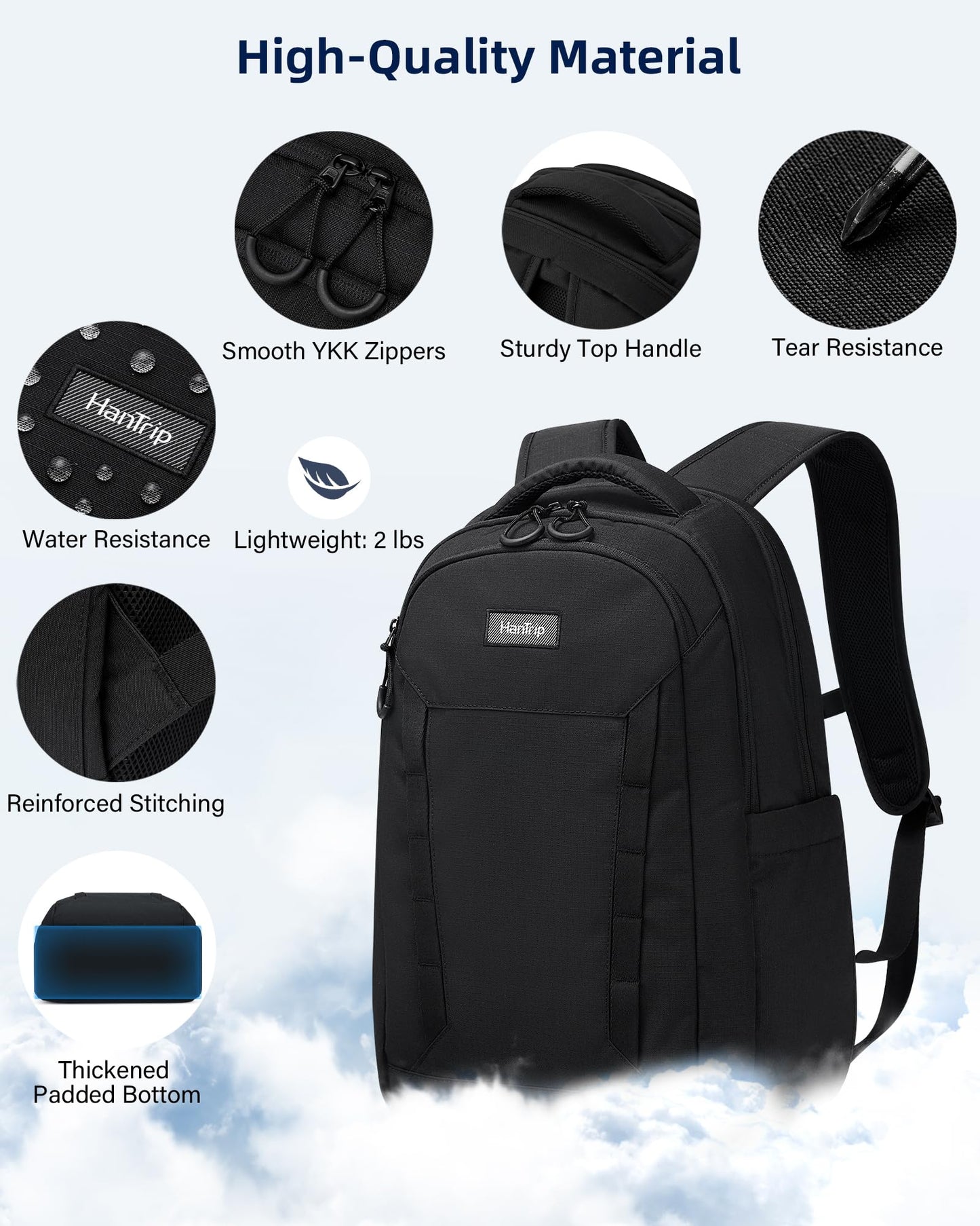 HanTrip Travel Laptop Backpack Carry On, 18 Inch Large Work Backpack School Book Bags, Light Water Resistant Backpacks for Women Men with Luggage Strap Water Bottle Pocket Chest Strap, Black