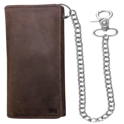 Motorcycle Chain Wallet for Men – Premium Cowhide Leather, RFID Tri-Fold Biker Wallet with Heavy Duty Chain for Bikers Truckers & Hunters, Credit Card Money Organizer Long Wallet Crazy Horse Brown