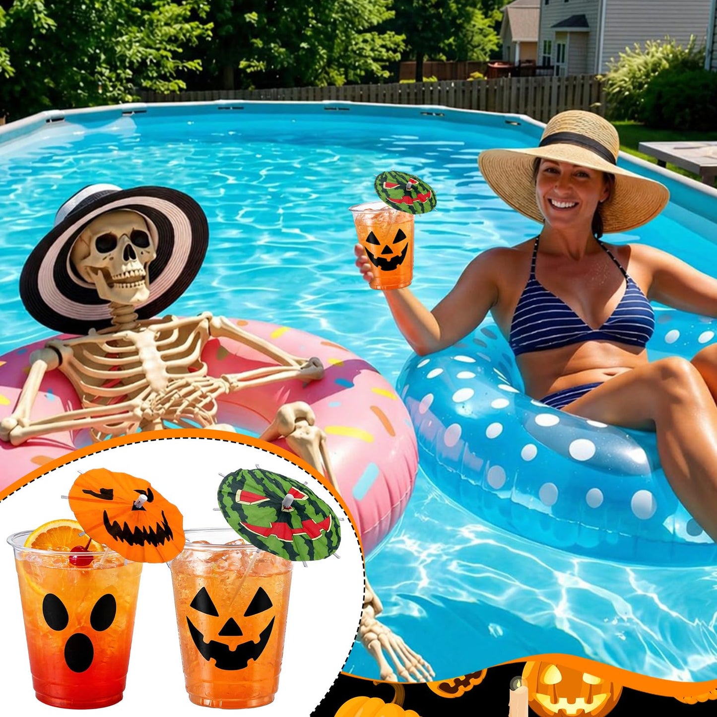FoldTier 24 Set 12oz Summer Halloween Plastic Cups with Drink Umbrella Picks Bulk Halloween Cups with Cocktail Umbrella Stirrers Jack O Lantern Ghost Design for Trick or Treat Boo Party Supplies