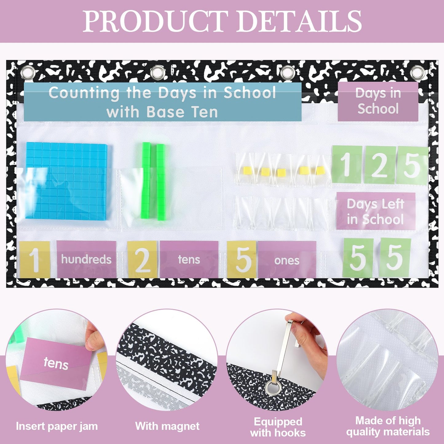 Resurhang Back to School Counting the Days with Base Ten Pocket Chart Place Value, Counting Caddie Pocket Chart for Classroom Bulletin Board School or Home Decor, 4 Hooks(Black,Composition Notebook)