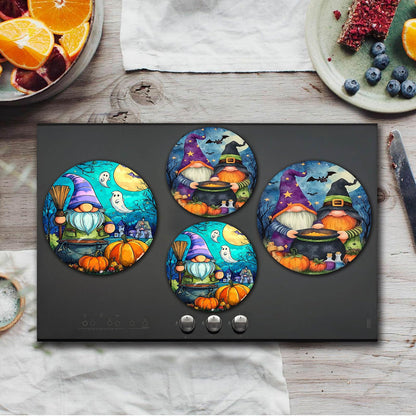 Halloween Gnome Art Electric Stove Burner Covers,4 Pcs Pumkin,Ghosts Stove Burner Covers,Two Dwarf Making Poison Stove Burner Cover,8 Inch and 10 Inch, Spooky Night Metal Cooktop Home Decorative