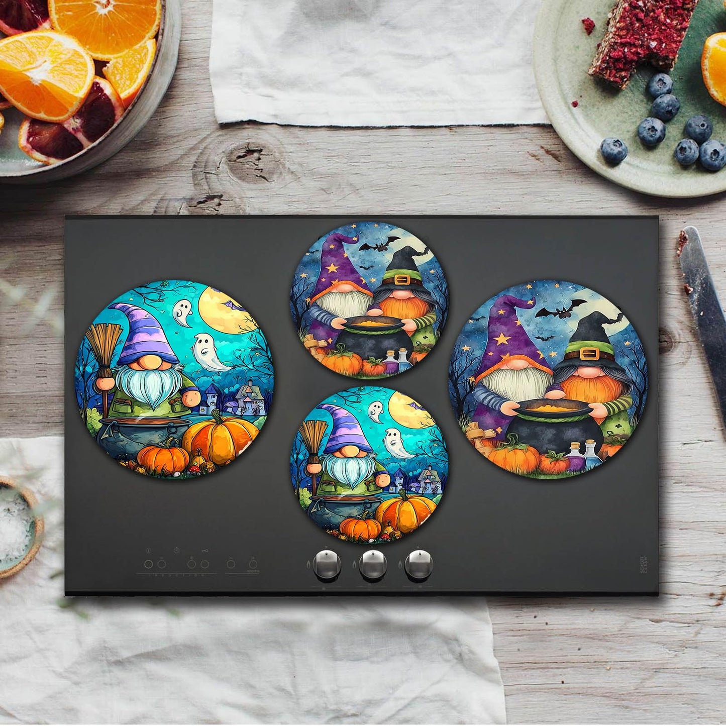 Halloween Gnome Art Electric Stove Burner Covers,4 Pcs Pumkin,Ghosts Stove Burner Covers,Two Dwarf Making Poison Stove Burner Cover,8 Inch and 10 Inch, Spooky Night Metal Cooktop Home Decorative