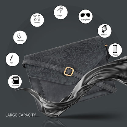 Leather Flapover Crossbody Handbag Purse for Women with Adjustable Strap & Overflap Snap Closure Tote/Bag (E.Black Hunter)