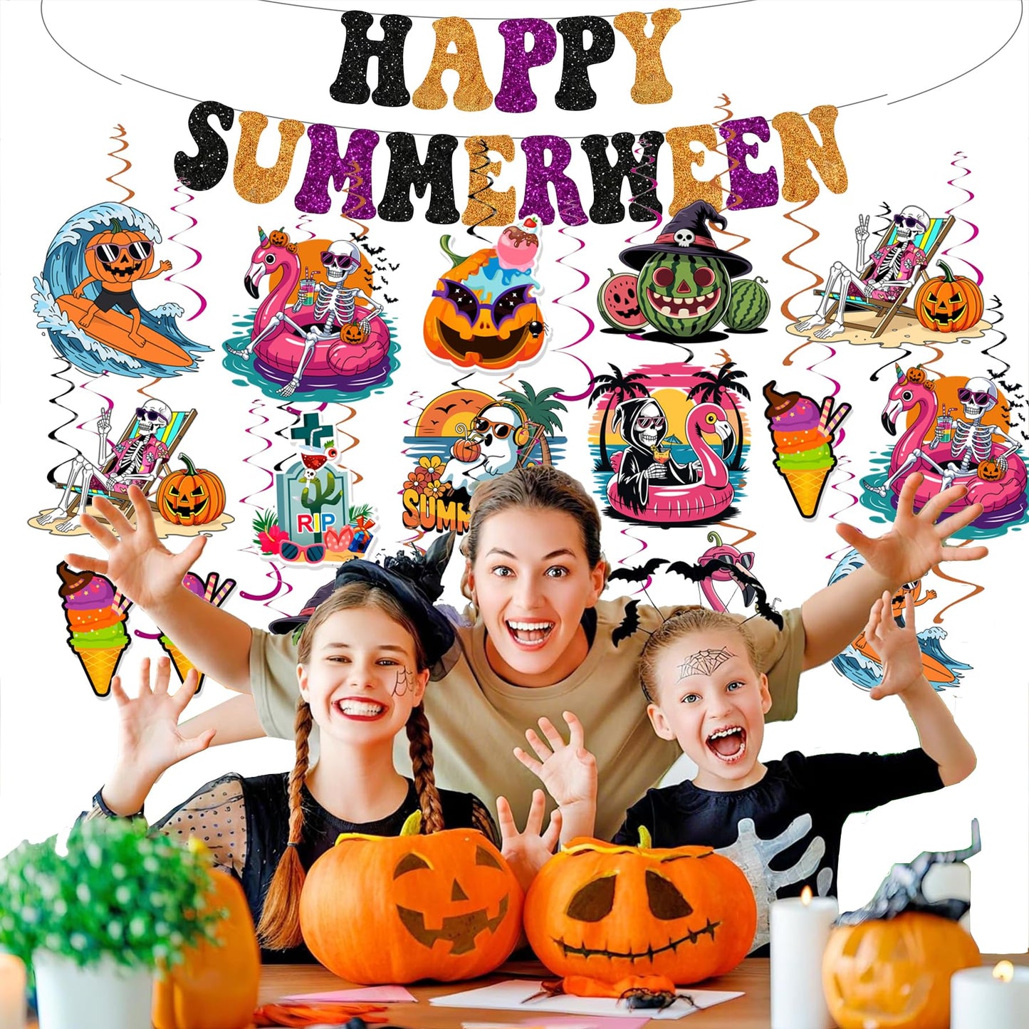 Happy Summerween Banner with Hanging Swirls Summer Halloween Party Decorations, Hawaii Halloween Tropical Summerween Ceiling Swirls Banner Party Decorations