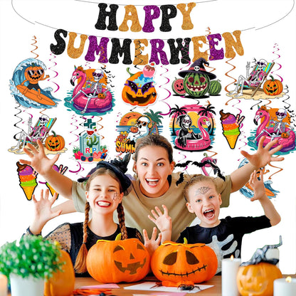 Happy Summerween Banner with Hanging Swirls Summer Halloween Party Decorations, Hawaii Halloween Tropical Summerween Ceiling Swirls Banner Party Decorations
