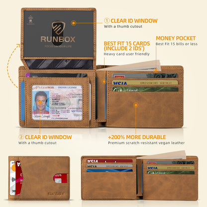 RUNBOX Wallet for Men - Slim Rfid Leather Bifold 2 ID Window With Gift Box Men's Accessories