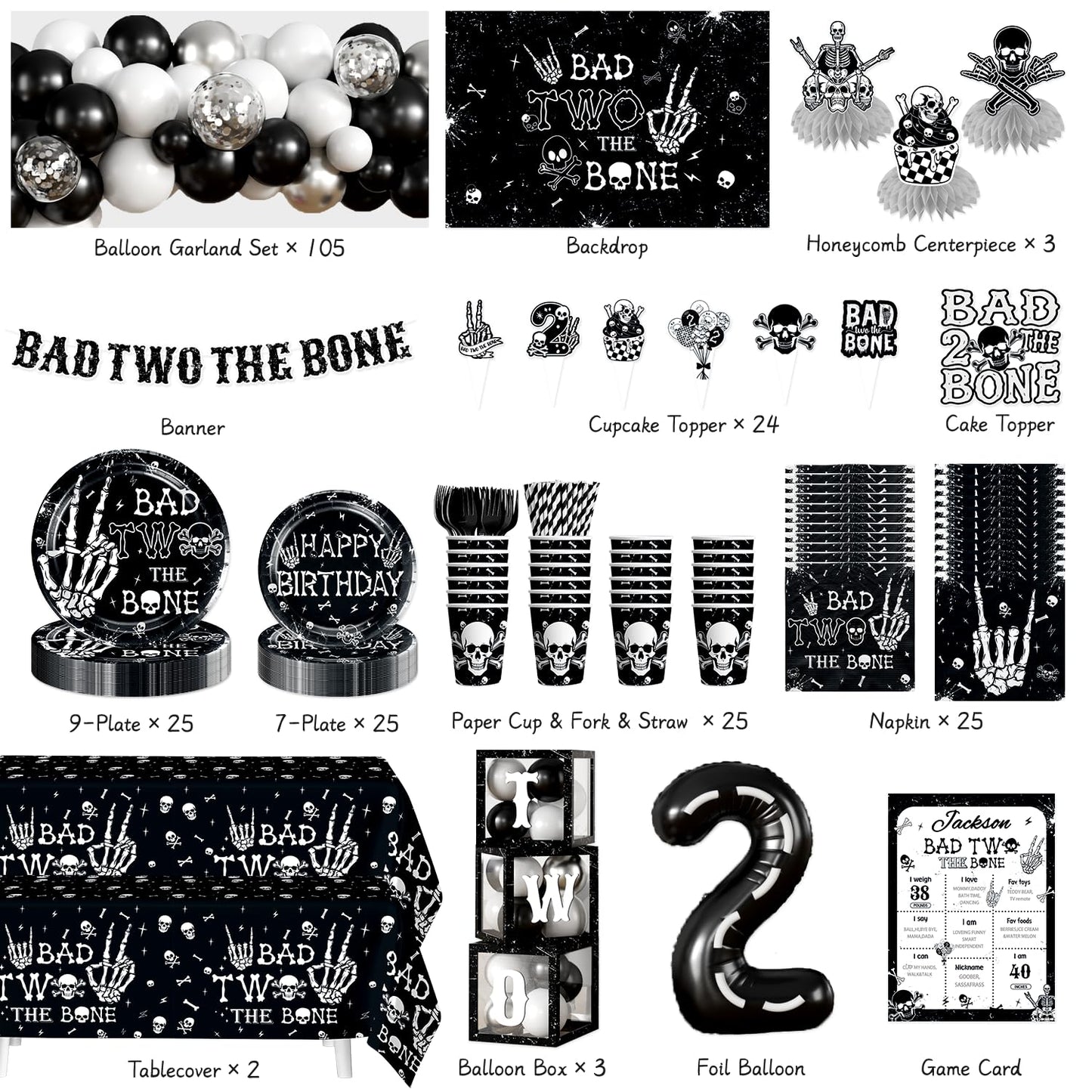 cocomigo Bad Two the Bone Party Decorations Boy for 25 Guests, 292PCS Cute Skeleton-Themed Black White All-in-One 2nd Birthday Decorations, with Balloon Arch Plates Banner Cake Topper & Centerpieces