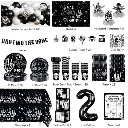 cocomigo Bad Two the Bone Party Decorations Boy for 25 Guests, 292PCS Cute Skeleton-Themed Black White All-in-One 2nd Birthday Decorations, with Balloon Arch Plates Banner Cake Topper & Centerpieces