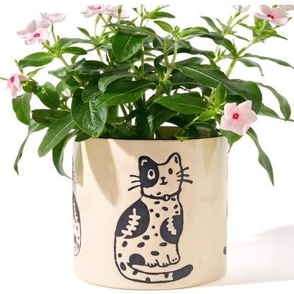STHIE 5 Inch Ceramic Plant Pots with Drainage Holes, Small Round Flower Pots for Indoor Plant, Unique Animal Flower Planters (Cat)