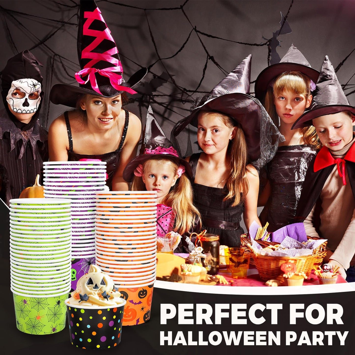 JarThenaAMCS 100 Pcs Halloween Snack Cups Pumpkin Skull Spider Web Dots Disposable Bowls 9oz Ice Cream Dessert Treat Paper Bowls for Hot Iced Food Birthday Trick or Treat Party Supplies
