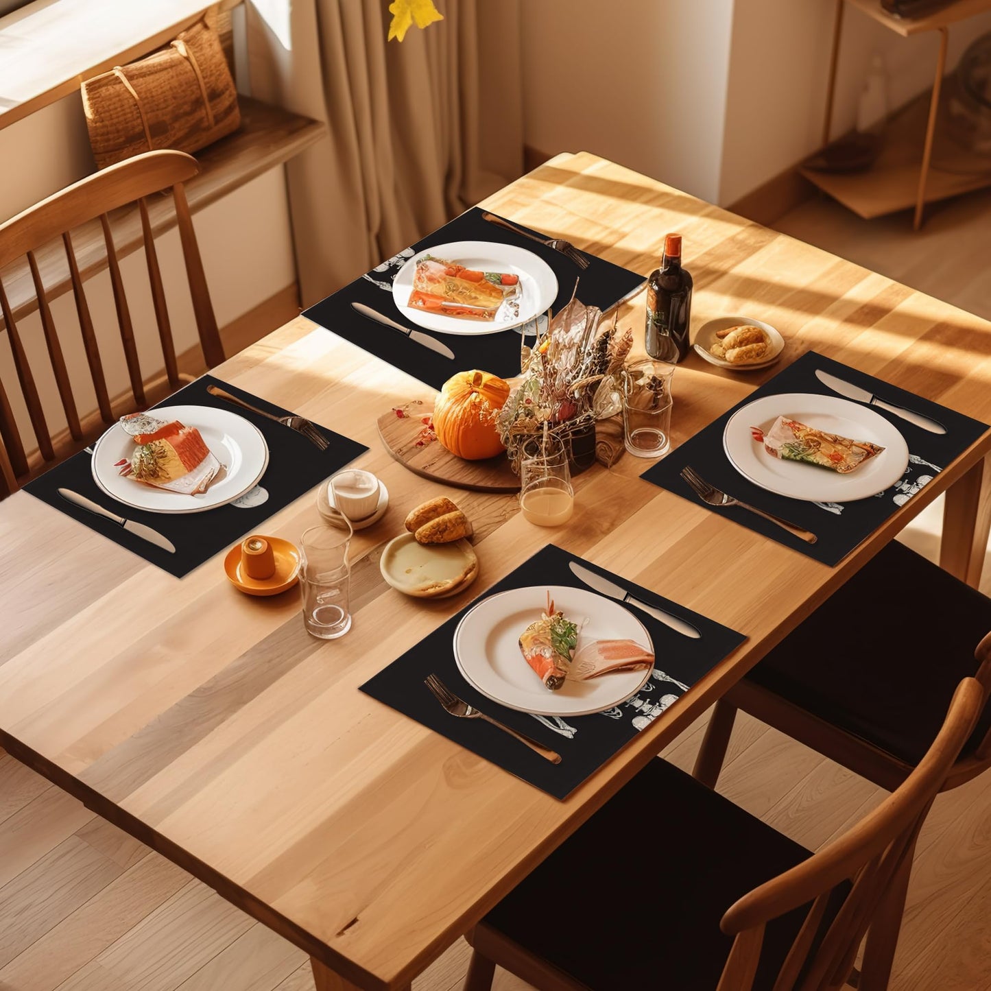 Placemats-Funny Skull Skeleton Linen Table Place Mats Set of 4 Non-Slip Heat Resistant Table Mats for Dining Kitchen Cabin Decor 12x18 Inch