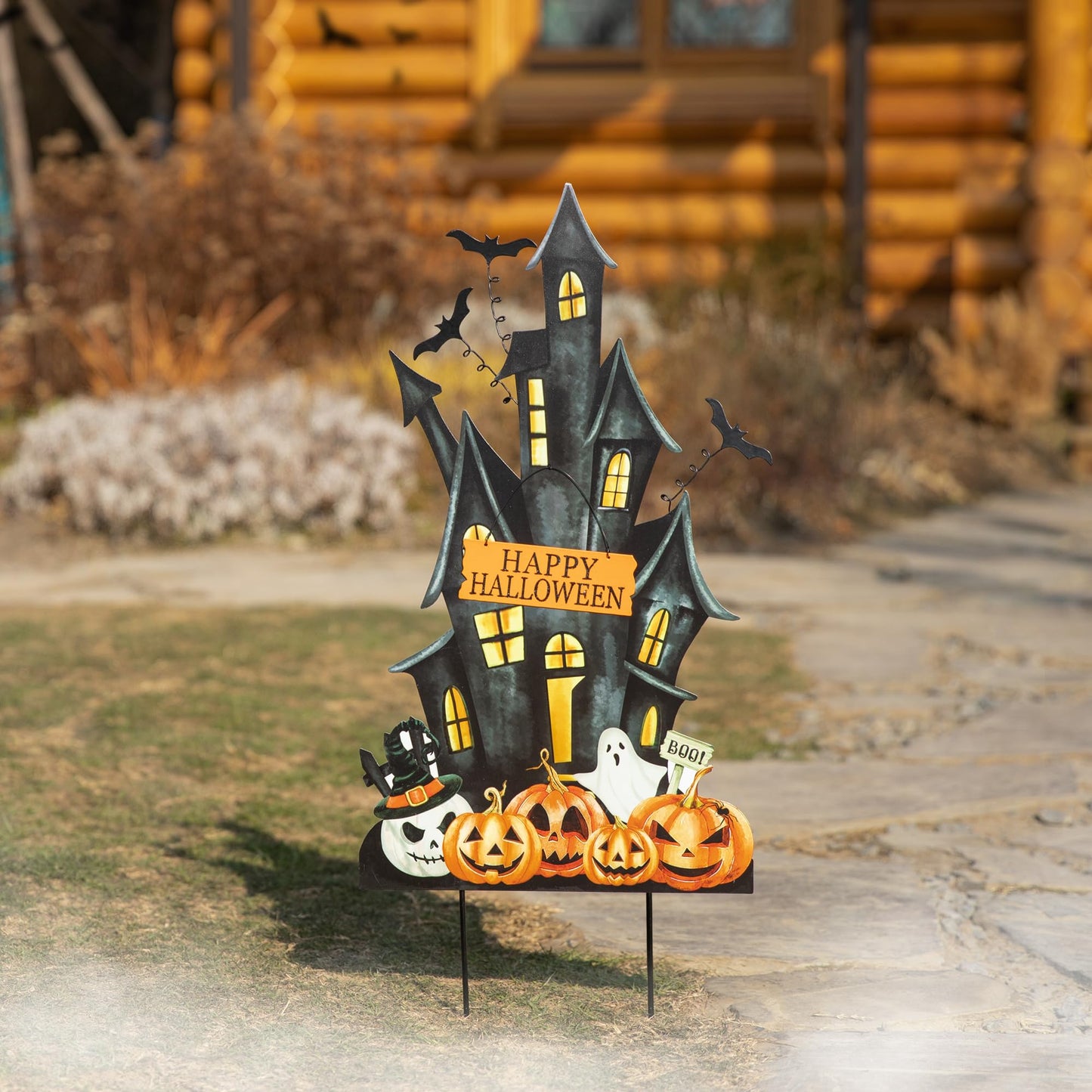 Glitzhome 32" H Halloween Metal Haunted House Yard Stake/Hanging Decor,Halloween Pumpkin Bats Ghost Garden Yard Sign for Lawn Decorations Outdoor Garden Halloween Party Decor