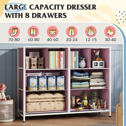 WLIVE Dresser for Bedroom with 8 Drawers, Wide Fabric Dresser for Storage and Organization, Bedroom Dressers, Chest of Drawers for Living Room, Closet, Hallway, Cloudy Pink