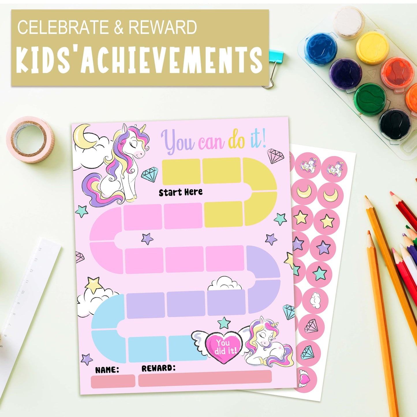 20 Unicorn Reward Chart with 432 Round Stickers, Incentive Behavior Chart for Kids at Home Classroom, Kids Routine Daily Chore Sticker Chart-B21