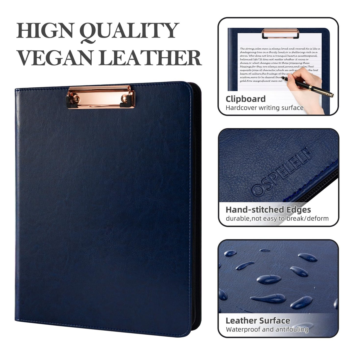 Ospelelf 3 Ring Portfolio Binder with Zipper, Leather Clipboard with Storage, Padfolio Folder for Men, 12.1” Tablet Sleeve, 5 Dividers with Pocket, Refillable Notepad, Card Slot (Navy Bule)