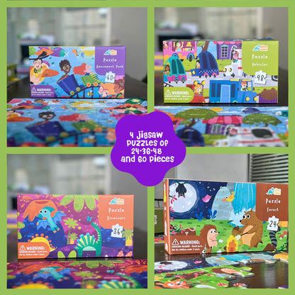 Dinomini Floor Puzzles for Toddlers 4-in-1 Value Pack - 4 x Puzzles for Toddlers 2-4 - 24, 36, 48 & 60 Pieces - Preschool Learning Activities - Learning & Educational Toys