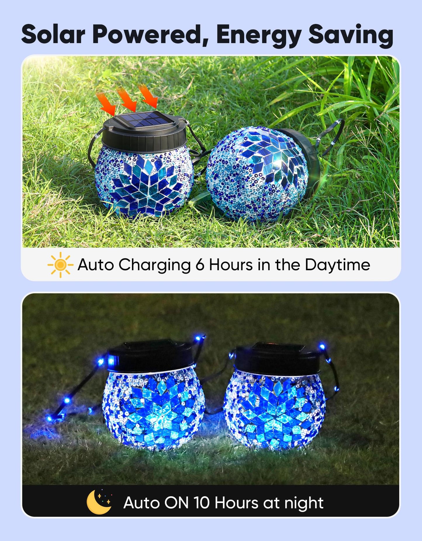 Mosaic Solar Lights Outdoor 2 Pack, Solar Hanging Lanterns Christmas Halloween Gifts for Women Mom Grandma, Waterproof Glass Globe Lights, Garden Patio Decor for Yard, Tree, Balcony, Cold