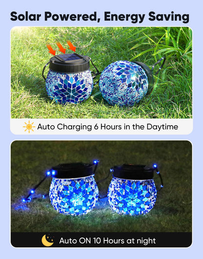 Mosaic Solar Lights Outdoor 2 Pack, Solar Hanging Lanterns Christmas Halloween Gifts for Women Mom Grandma, Waterproof Glass Globe Lights, Garden Patio Decor for Yard, Tree, Balcony, Cold