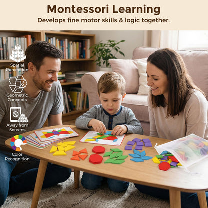 LovesTown Wooden Pattern Blocks Set for Kids, Geometric Shapes with Learning Cards, 150 PCS Educational Puzzle Toy