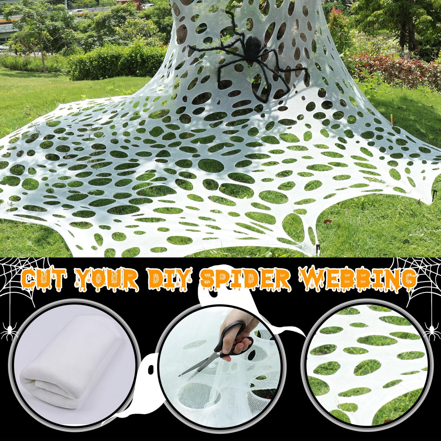 SelfTek 650 Sqft Giant SPI-der Web Halloween Decorations Outdoor, Beef Netting Stretchy SPI-ders Webbing, Cut-Your-Own Flexible Large Outdoor SPI-der Web Gauze S-piderwebs Cobwebs for Halloween Decor