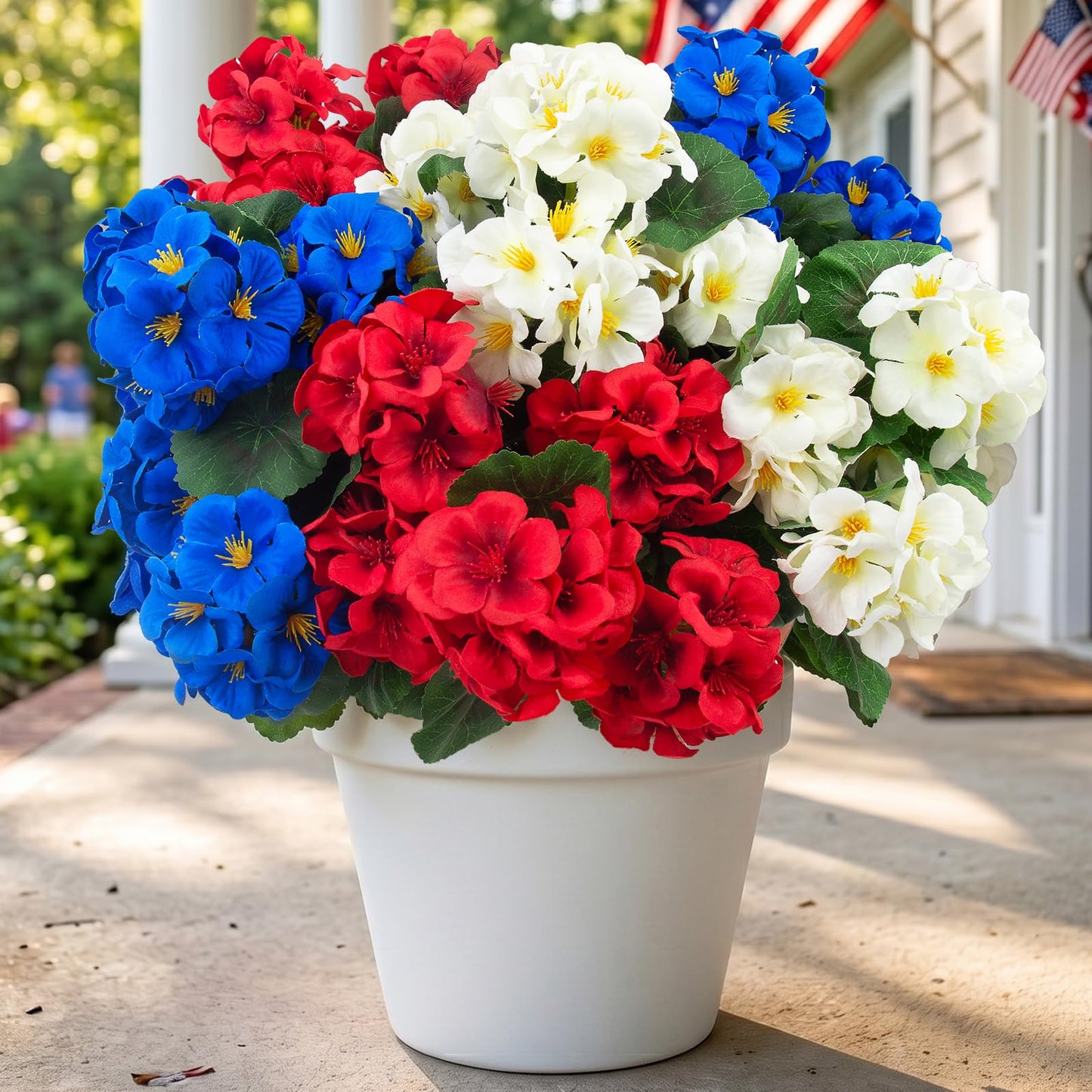Hananona 6 Pcs Artificial Geranium Flowers for Outdoors Geranium Silk Flowers Outdoor UV Resistant Plants Faux Patriotic Flowers for 4th of July Home Kitchen Table Centerpieces Decor (6, RedWhiteBlue)