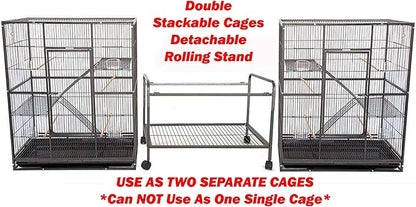 X-Large Double Stacker Wrought Iron Cage Bird Flight Parrot Breeding Breeder Cage Side Breeding Door Easy Clean Pull Out Tray Removable Rolling Stand Cockatiel Conure Canary Aviary Finches Budgies