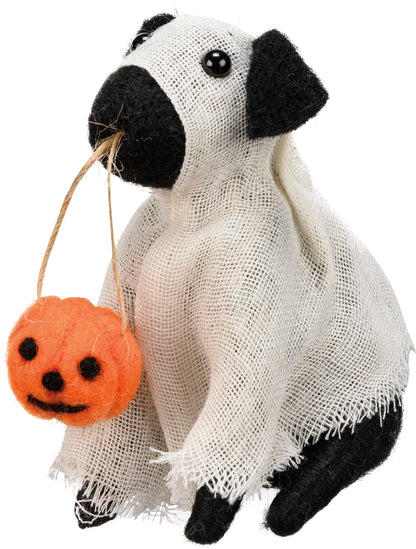 Primitives by Kathy Halloween Collectible Felt Critter, 4-inch, Ghost Dog Holding a Jack-o-Lantern - Spooky Tiered Tray & Shelf, tablescape Decor, Mix & Match with Our Other Collectible Figurines