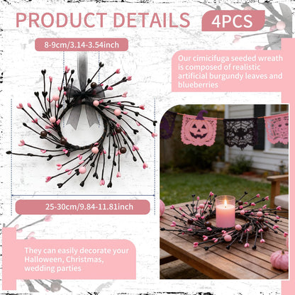 4 Pcs Pink Halloween Mini Candle Ring Wreaths Black Twig & Pink Buds with Bead Accents Artificial Pillar Candle Holder Wreath for Spooky Cute Gothic Home Cabinet Table Porch Decoration