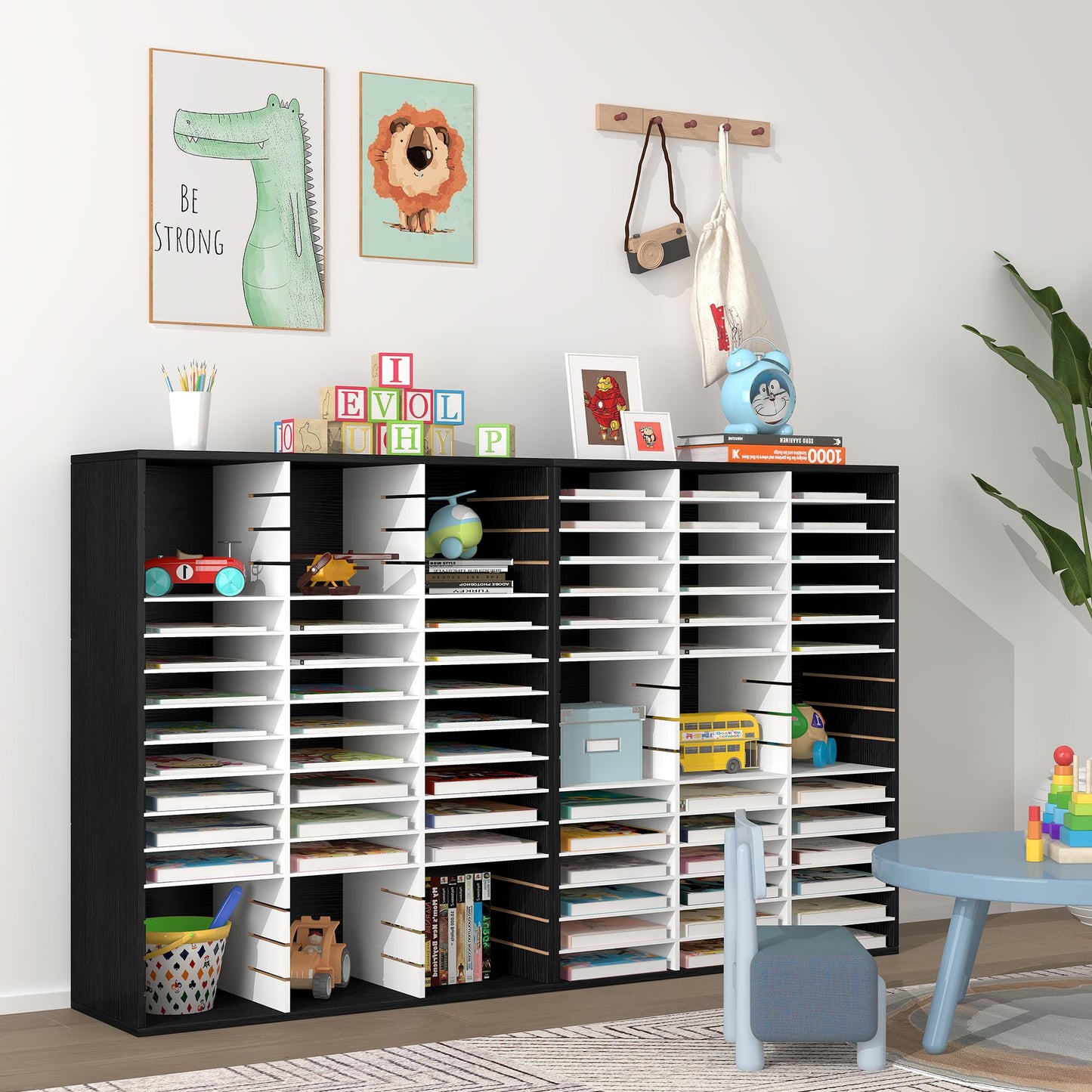 EasyPAG Wooden Literature Organizer with Adjustable Shelves, 48 Compartments Office Paper Organizer Storage 24000 Sheets Letter Size Paper, Student Mailbox for Classroom, Black/White