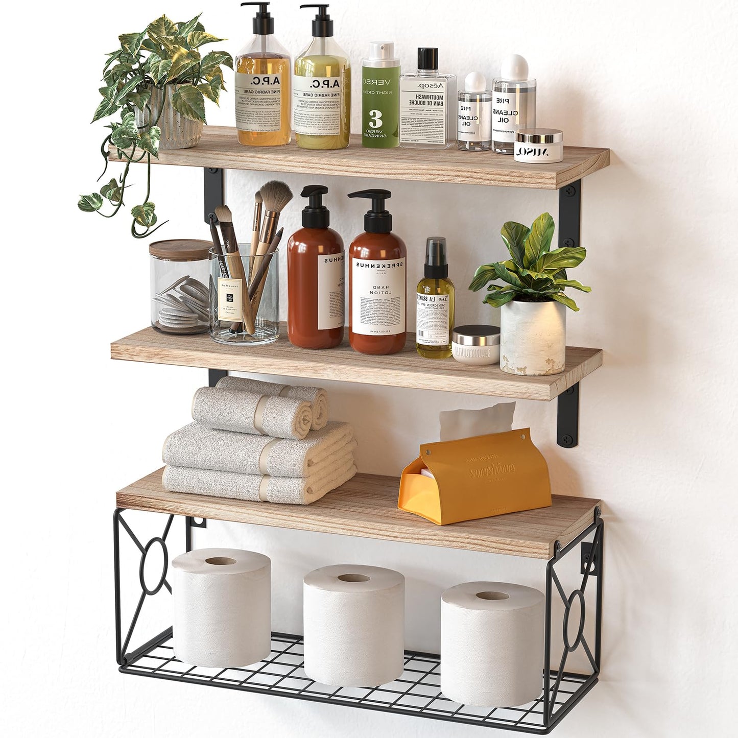 Amada Bathroom Shelves Over Toilet with Storage Basket, Floating Wall Shelves for Home Organization & Wall Decor, Bathroom/Kitchen/Living Room ShelvesBlack