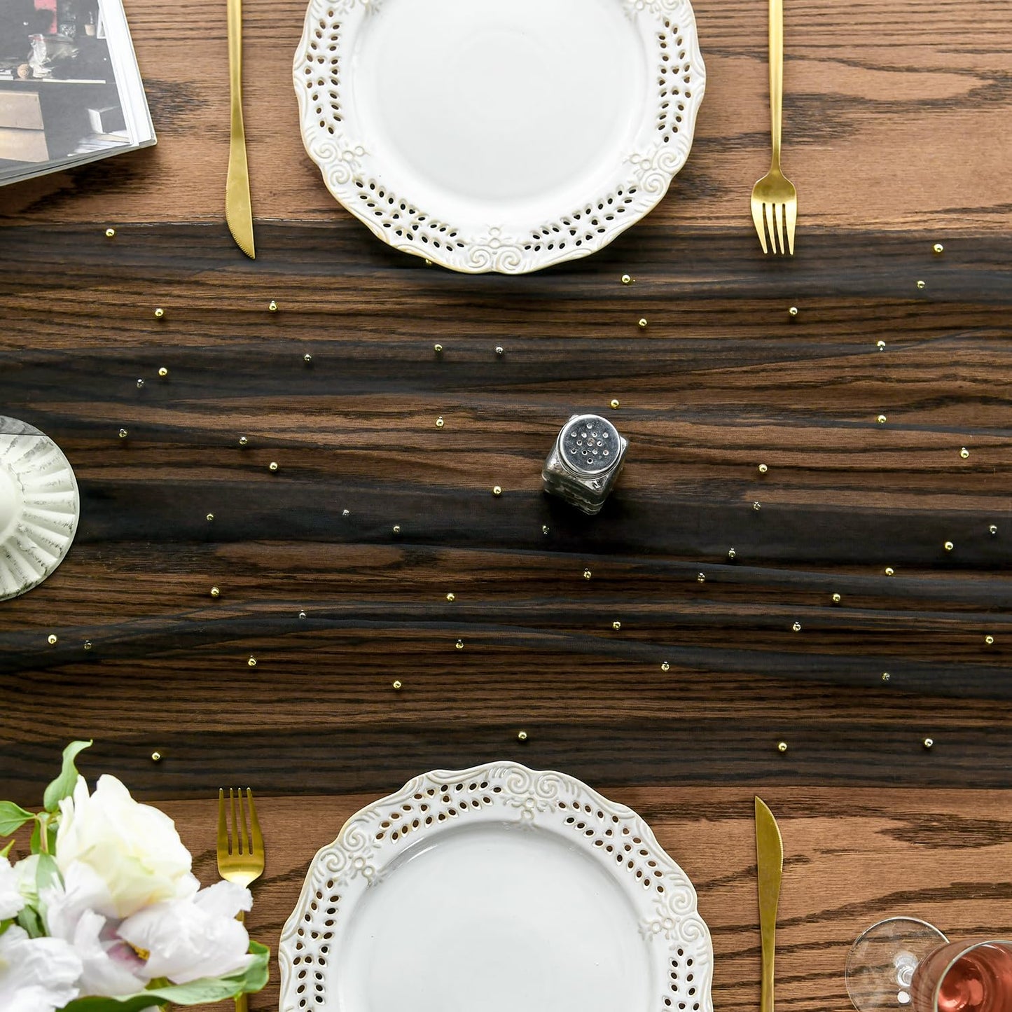 Artoid Mode 3PCS Pearl Black Gauze Table Runner 120 Inch 10FT, Seasonal Sheer Dining Holiday Wedding Birthday Baby Shower Table Decor for Home Party