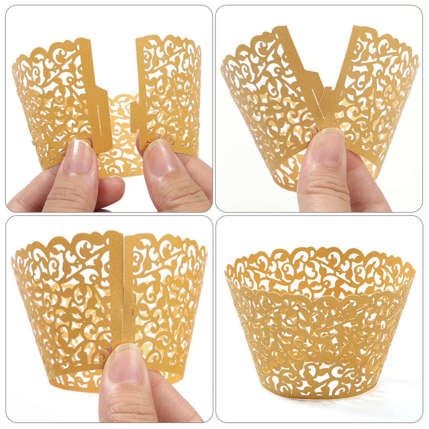 KPOSIYA Pack of 120 Cupcake Wrappers Artistic Bake Cake Paper Cups Vine Designed Laser Cut Cupcake Wraps Baking Cup Muffin Case Trays for Wedding Baby Shower Party Birthday Decoration (120, Gold)