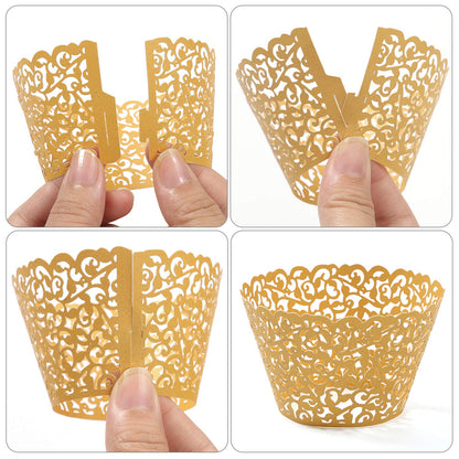 KPOSIYA Pack of 120 Cupcake Wrappers Artistic Bake Cake Paper Cups Vine Designed Laser Cut Cupcake Wraps Baking Cup Muffin Case Trays for Wedding Baby Shower Party Birthday Decoration (120, Gold)